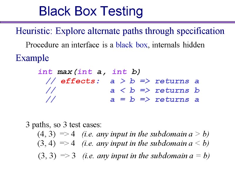 Black Box Testing Heuristic: Explore alternate paths through specification Procedure an interface is a